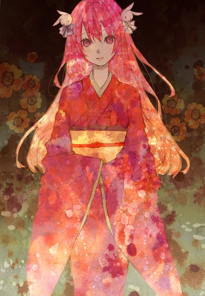 Anime picture 694x1000 with pita ten misha (pita ten) bonnou-s-rice (artist) single long hair tall image standing pink hair traditional clothes japanese clothes pink eyes light smile girl hair ornament kimono