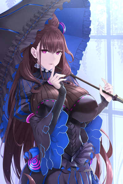 Anime picture 1320x1980 with fate (series) fate/grand order murasaki shikibu (fate) limeblock single long hair tall image looking at viewer fringe breasts open mouth light erotic smile hair between eyes brown hair standing purple eyes holding payot fingernails