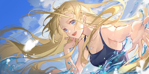 Anime picture 4004x2004 with summertime render kofune ushio pines29405413 single highres open mouth blue eyes blonde hair wide image absurdres sky cloud (clouds) upper body very long hair :d girl swimsuit pendant one-piece swimsuit splashes