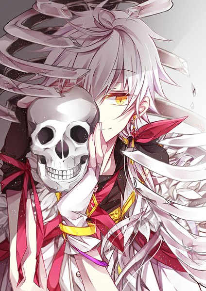 Anime picture 587x830 with original flywinga7 single long hair tall image looking at viewer simple background smile yellow eyes silver hair grey background skull and crossbones boy gloves earrings bracelet fingerless gloves
