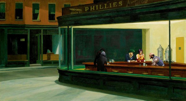 Anime picture 2000x1094 with cowboy bebop sunrise (studio) faye valentine spike spiegel jet black tagme (artist) edward hopper highres wide image bare shoulders purple hair green hair multiple boys parody old man fine art parody girl boy 3 boys signboard