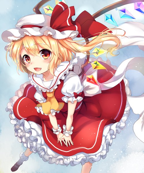 Anime picture 1500x1802 with touhou flandre scarlet paragasu (parags112) single tall image blush short hair open mouth blonde hair red eyes looking away teeth fang (fangs) one side up girl skirt wings frills bonnet skirt set