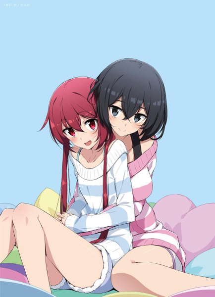 Anime picture 1740x2402 with joukamachi no dandelion production ims sakurada akane sakurada kanade kasuga ayumu (haruhipo) long hair tall image blush highres short hair open mouth black hair simple background smile hair between eyes red eyes sitting multiple girls payot red hair