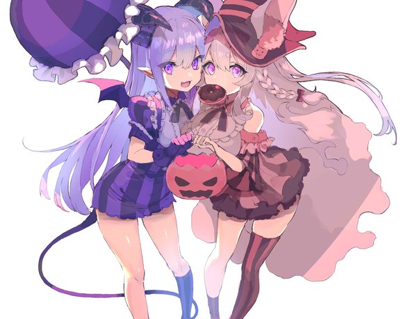 Anime picture 2048x1568 with original sakusya2honda long hair fringe highres simple background hair between eyes standing white background purple eyes multiple girls holding animal ears pink hair purple hair horn (horns) pointy ears mouth hold striped halloween