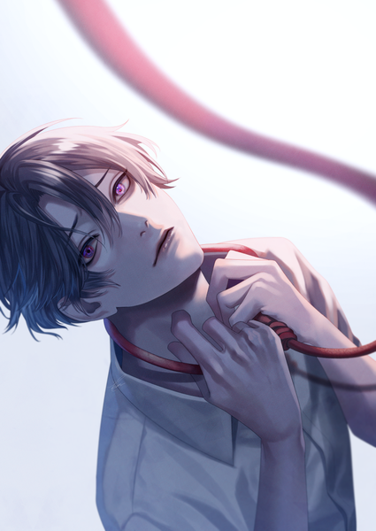 Anime-Bild 800x1130 mit original kurayoshi samu (sum) single tall image looking at viewer fringe short hair black hair simple background hair between eyes white background purple eyes holding upper body from above blurry depth of field shaded face suicide boy