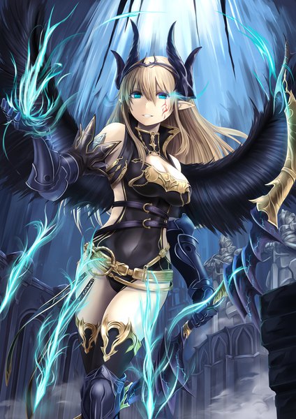 Anime picture 1447x2046 with original elusya single long hair tall image looking at viewer fringe breasts blue eyes light erotic blonde hair hair between eyes holding pointy ears tattoo sleeveless magic covered navel glowing glowing eye (eyes)