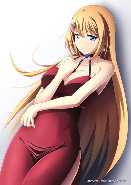Anime picture 640x905 with taimadou gakuen 35 shiken shoutai ootori ouka mimelex single long hair tall image blush fringe breasts blue eyes light erotic blonde hair simple background smile hair between eyes large breasts bare shoulders signed looking away cleavage