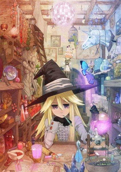 Anime picture 1250x1770 with original tsurusaki yuu long hair tall image blonde hair purple eyes fairy annoyed girl gloves sweets star (symbol) book (books) witch hat crystal cake glass picture doll (dolls) pen