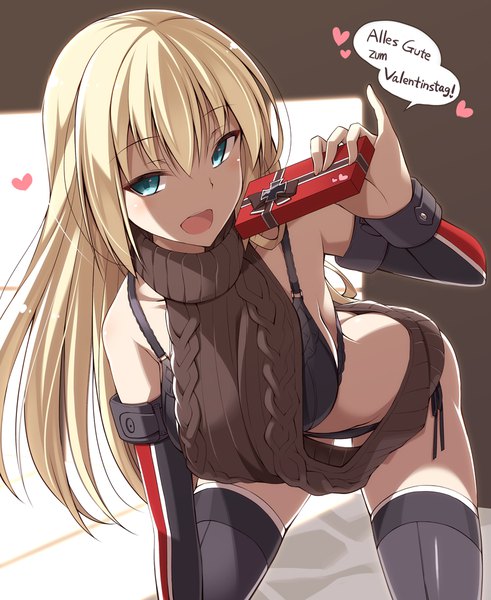 Anime picture 900x1100 with kantai collection bismarck battleship oota yuuichi single long hair tall image looking at viewer fringe open mouth light erotic blonde hair smile hair between eyes holding aqua eyes leaning leaning forward valentine german girl