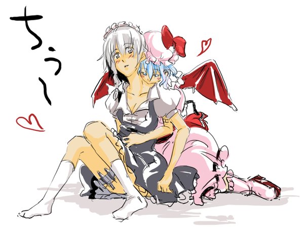 Anime picture 1333x1000 with touhou remilia scarlet izayoi sakuya multiple girls white hair maid bat wings girl 2 girls wings heart