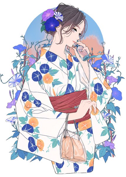 Anime picture 2926x4096 with original kko (um7mr) single tall image highres short hair black hair brown eyes looking away upper body traditional clothes parted lips japanese clothes hair flower fingernails floral print summer girl flower (flowers) earrings