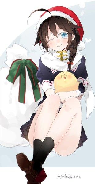 Anime picture 600x1160 with kantai collection shigure destroyer the yuudachi-like creature sino (sionori) single long hair tall image looking at viewer blush fringe blue eyes light erotic smile hair between eyes brown hair sitting ahoge bent knee (knees) braid (braids) one eye closed