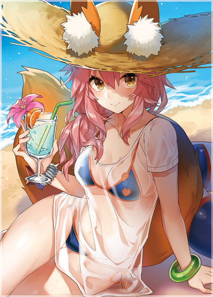 Anime picture 882x1227 with fate (series) fate/grand order fate/extra tamamo (fate) (all) tamamo no mae (fate) tamamo no mae (swimsuit lancer) (fate) shirako miso single long hair tall image looking at viewer fringe breasts light erotic smile hair between eyes sitting holding animal ears yellow eyes