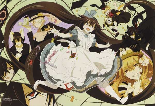 Anime picture 5100x3491 with alice in wonderland pandora hearts xebec alice (wonderland) white rabbit alice (pandora hearts) oz vessalius mad hatter gilbert nightray xerxes break sharon rainsworth cheshire cat (pandora hearts) kobayashi chizuru looking at viewer blush fringe highres short hair open mouth black hair