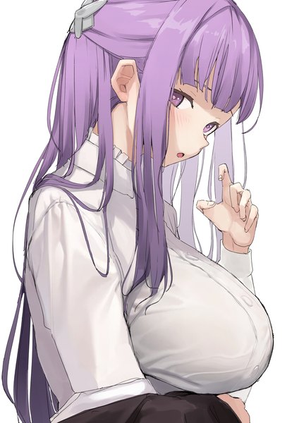 Anime picture 1414x2000 with sousou no frieren fern (sousou no frieren) mitsuru (pixiv 34028718) single long hair tall image looking at viewer fringe breasts light erotic simple background large breasts white background purple eyes purple hair upper body blunt bangs half updo girl