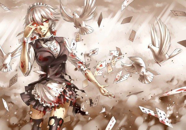 Anime picture 2149x1511 with touhou izayoi sakuya na (801039) single fringe highres short hair breasts red eyes braid (braids) twin braids torn clothes girl thighhighs bow black thighhighs hair bow animal bird (birds) blood