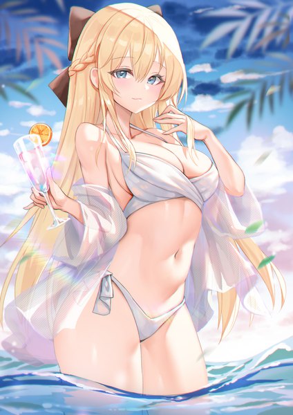 Anime picture 2480x3508 with original picter single long hair tall image looking at viewer blush fringe highres breasts blue eyes light erotic blonde hair hair between eyes large breasts standing cleavage outdoors braid (braids) long sleeves