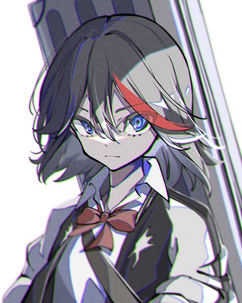 Anime picture 3240x4050 with kill la kill studio trigger matoi ryuuko natsume hinako single tall image looking at viewer fringe highres short hair black hair simple background hair between eyes white background absurdres upper body multicolored hair streaked hair girl bowtie