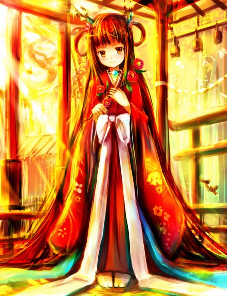 Anime picture 1000x1301 with original sakura ani single long hair tall image blush black hair smile red eyes traditional clothes girl hair ornament flower (flowers)