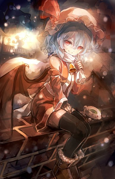 Anime picture 650x1007 with touhou flandre scarlet remilia scarlet 60mai tall image fringe short hair smile hair between eyes red eyes sitting holding blue hair outdoors dutch angle alternate costume zettai ryouiki snowing christmas winter
