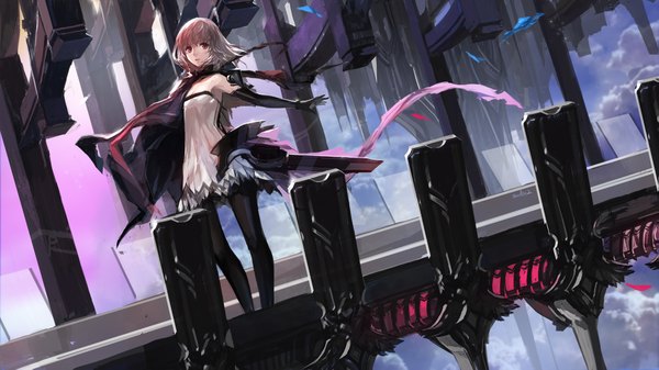 Anime picture 1983x1115 with original pixiv fantasia pixiv fantasia fallen kings paradise (character) swd3e2 single looking at viewer highres short hair wide image pink hair pink eyes fantasy girl thighhighs dress gloves black thighhighs black gloves elbow gloves