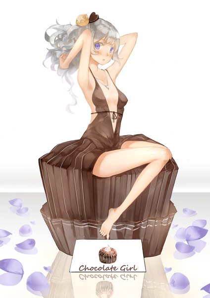 Anime picture 2480x3507 with original saberiii single long hair tall image blush highres light erotic white background sitting purple eyes bare shoulders cleavage silver hair barefoot no bra arms behind head girl dress petals