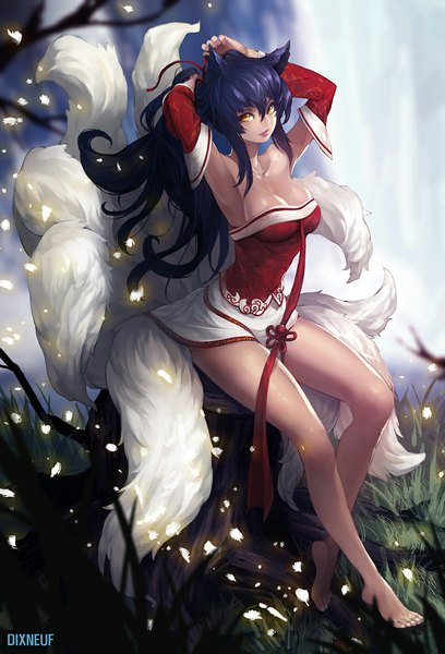 Anime picture 800x1175 with league of legends ahri (league of legends) eirashard single tall image looking at viewer fringe breasts light erotic sitting bare shoulders animal ears yellow eyes blue hair tail barefoot lips armpit (armpits) legs lipstick