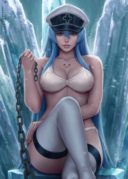 Anime picture 1786x2500 with akame ga kill! white fox esdeath sciamano240 single long hair tall image fringe highres breasts light erotic hair between eyes large breasts sitting bare shoulders holding signed payot blue hair bent knee (knees)