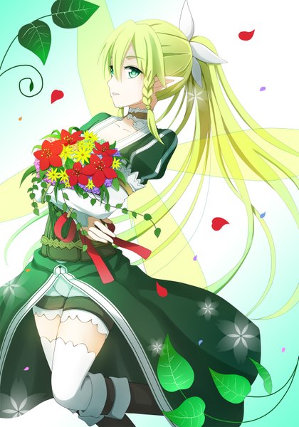 Anime picture 1050x1500 with sword art online a-1 pictures leafa soraneko93 single long hair tall image looking at viewer blue eyes blonde hair ponytail braid (braids) pointy ears girl thighhighs dress flower (flowers) bow hair bow petals