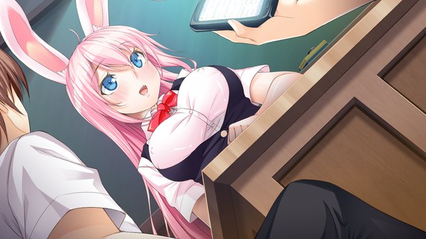 Anime picture 1280x720 with maternity monsters! long hair blush fringe open mouth blue eyes hair between eyes wide image holding looking away pink hair game cg dutch angle bunny ears classroom teacher girl boy uniform school uniform