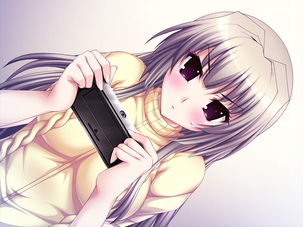 Anime picture 1024x768 with nuppunupu oyako mix! (game) long hair blush purple eyes game cg grey hair girl camera