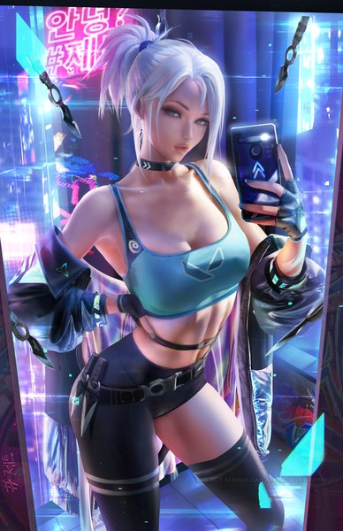 Anime picture 2266x3500 with valorant jett (valorant) sakimichan single tall image looking at viewer fringe highres short hair breasts light erotic standing bare shoulders holding payot cleavage silver hair ponytail nail polish aqua eyes