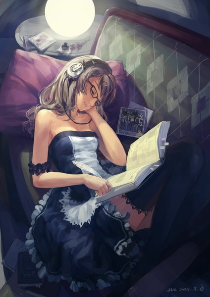 Anime picture 827x1169 with original pixiv fantasia pixiv fantasia v hjl single long hair tall image bare shoulders cleavage lying eyes closed sleeping cover album cover girl thighhighs dress hair ornament flower (flowers) black thighhighs