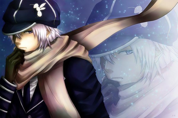 Anime picture 1947x1298 with tegami bachi gauche suede sawao (kenban2) single highres short hair purple eyes silver hair zoom layer boy gloves uniform hat scarf