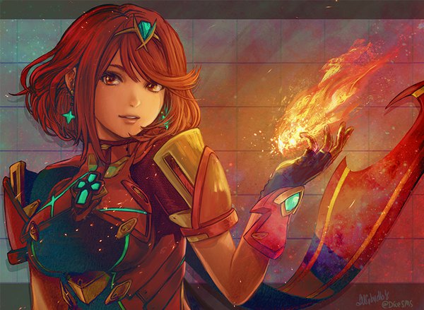 Anime picture 850x622 with xenoblade xenoblade 2 pyra (xenoblade) stephanie sybydlo single looking at viewer fringe short hair breasts hair between eyes red eyes signed upper body red hair parted lips light smile sparkle magic glowing girl