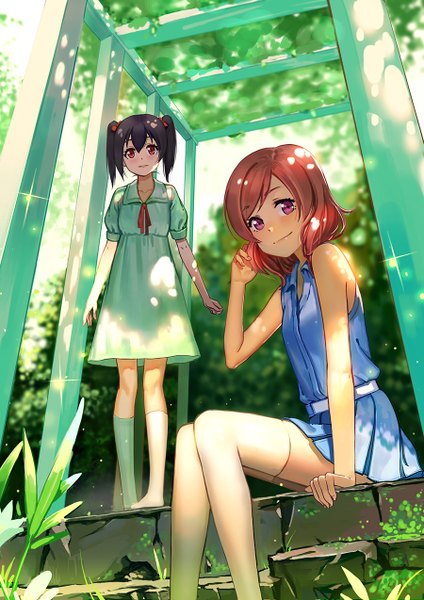 Anime picture 900x1274 with love live! school idol project sunrise (studio) love live! nishikino maki yazawa nico zhanzheng zi tall image looking at viewer blush fringe short hair black hair smile hair between eyes red eyes standing sitting twintails bare shoulders multiple girls