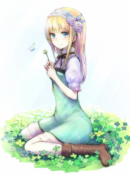 Anime picture 1000x1333 with original minato (shouno) single long hair tall image looking at viewer blonde hair hair flower girl dress hair ornament flower (flowers) plant (plants) boots hairband insect butterfly