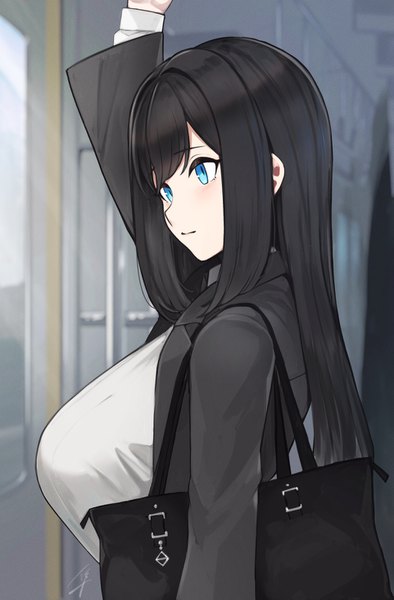 Anime picture 961x1461 with original blue-eyed girl (hayabusa) hayabusa single long hair tall image blush fringe breasts blue eyes black hair large breasts payot looking away upper body arm up light smile blurry depth of field train interior
