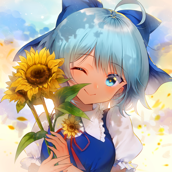Anime picture 992x992 with touhou cirno tanned cirno jiji (381134808) single looking at viewer short hair blue eyes smile blue hair upper body ahoge head tilt one eye closed wink dark skin girl flower (flowers) bow hair bow