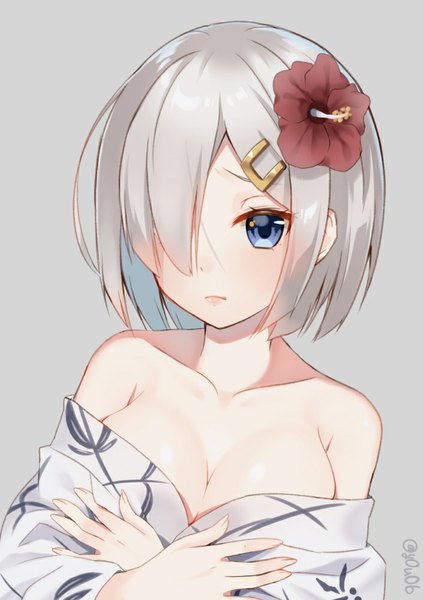 Anime picture 705x1000 with kantai collection hamakaze destroyer you06 single tall image blush fringe short hair breasts light erotic simple background large breasts bare shoulders signed silver hair upper body traditional clothes japanese clothes hair flower lips
