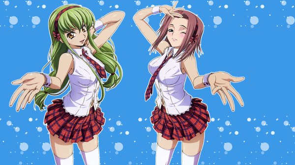 Anime picture 1920x1080 with code geass sunrise (studio) c.c. kallen stadtfeld long hair looking at viewer blush fringe highres short hair simple background wide image standing bare shoulders multiple girls green eyes yellow eyes red hair parted lips one eye closed
