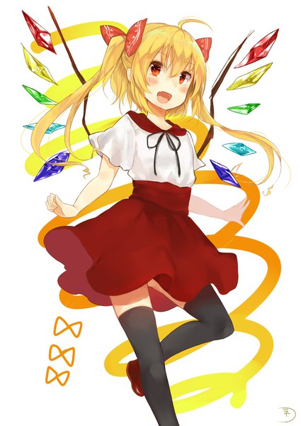 Anime picture 2507x3541 with touhou flandre scarlet niseneko (mofumofu ga ienai) single long hair tall image looking at viewer highres open mouth blonde hair smile red eyes white background twintails ahoge alternate hairstyle leg up adapted costume no hat girl