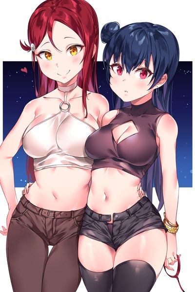 Anime picture 3000x4500 with love live! sunshine!! sunrise (studio) love live! sakurauchi riko tsushima yoshiko tem10 long hair tall image looking at viewer blush fringe highres breasts light erotic simple background smile hair between eyes red eyes bare shoulders multiple girls