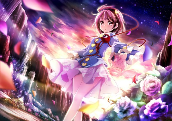 Anime picture 1000x707 with touhou komeiji satori sui. (ayase) single short hair red eyes pink hair sky cloud (clouds) girl dress flower (flowers) petals hairband rose (roses) pillar column eyeball