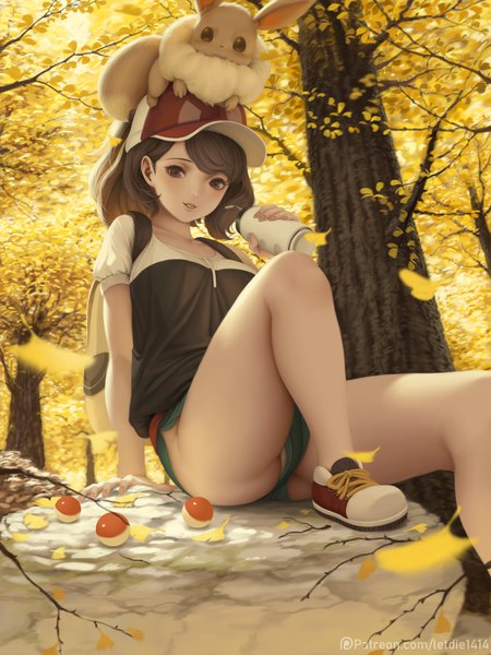 Anime picture 5623x7500 with pokemon pokemon (game) pokemon go nintendo eevee female protagonist (pokemon go) letdie1414 single long hair tall image looking at viewer blush fringe highres light erotic brown hair sitting brown eyes payot absurdres