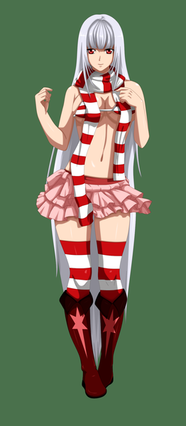 Anime picture 1000x2287 with nekanon aida (nekanon) flowerinhell single long hair tall image looking at viewer fringe breasts light erotic simple background blonde hair smile red eyes large breasts standing bare shoulders silver hair midriff thighs