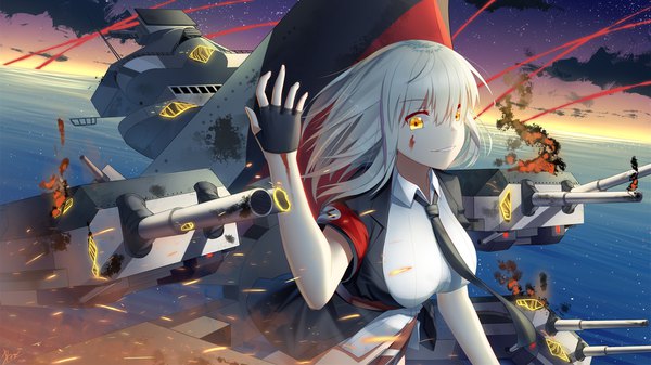 イラスト 1920x1080 と 戦艦少女 hindenburg (warship girls r) 极道寂 ソロ 長髪 カメラ目線 highres 笑顔 wide image 黄色眼 payot cloud (clouds) upper body white hair floating hair smoke horizon blood on face smirk blood stains