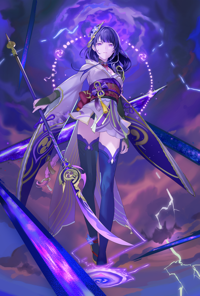 Anime picture 1135x1680 with genshin impact raiden shogun leenim single tall image looking at viewer fringe purple eyes purple hair full body blunt bangs braid (braids) very long hair traditional clothes japanese clothes from below single braid walking electricity girl