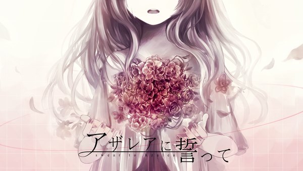 Anime picture 1575x889 with vocaloid chizuru (ambient) single long hair open mouth wide image nail polish fingernails grey hair tears crying girl dress flower (flowers) white dress bouquet