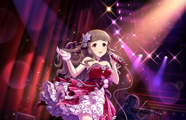 Anime picture 1280x824 with idolmaster idolmaster cinderella girls idolmaster cinderella girls starlight stage kamiya nao annindoufu (oicon) long hair blush fringe open mouth smile red eyes brown hair standing holding cleavage indoors blunt bangs :d sparkle lens flare